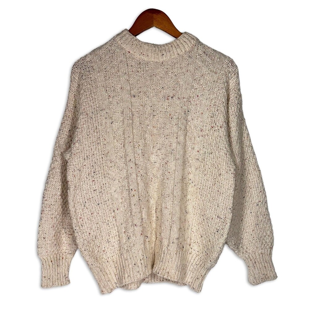 Vintage Womens 100% Cotton Knit Sweater Cream Confetti Multicolor Cable Knit L